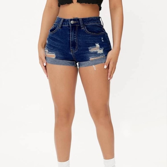 PETITE High Waist Ripped Denim Shorts - Picture 2 of 3